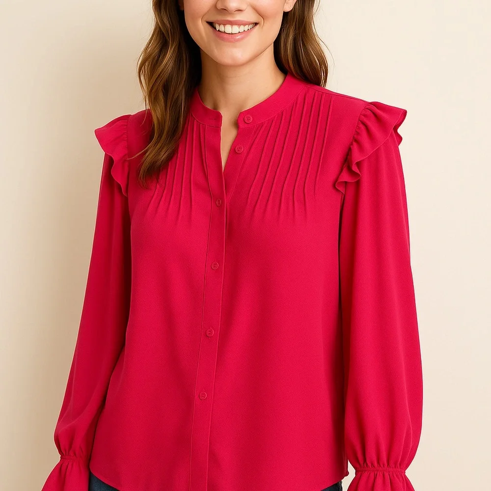 CeCe Shoulder Ruffle Hot Pink / Raspberry Top - Picture 1 of 12